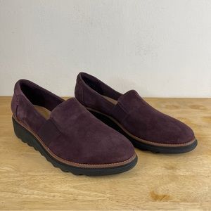 Clarks Sharon Suede Aubergine Brown Wedge Shoes Loafers Size 8